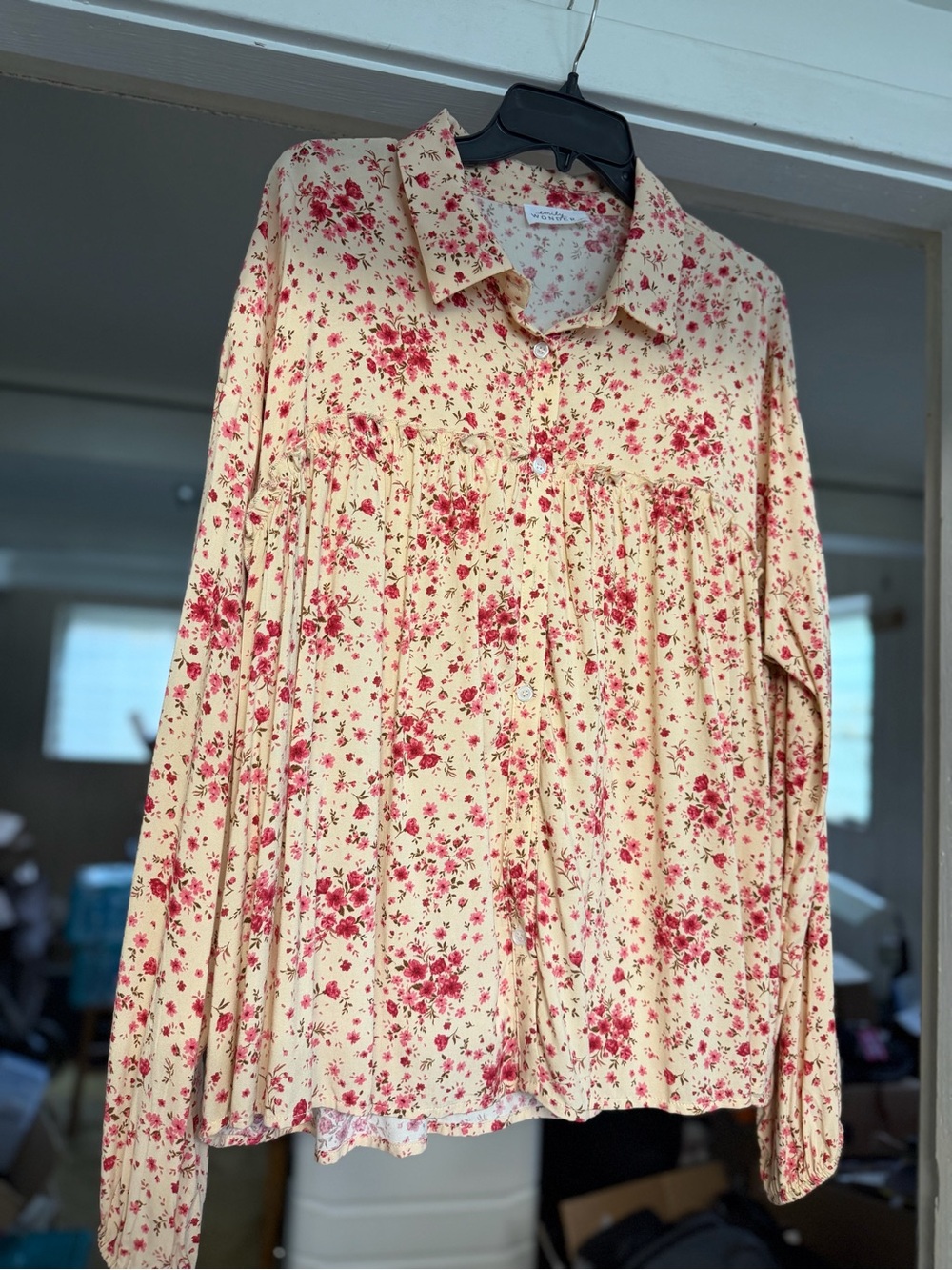 Women's Cream Button-Down Blouse with Red Floral Print